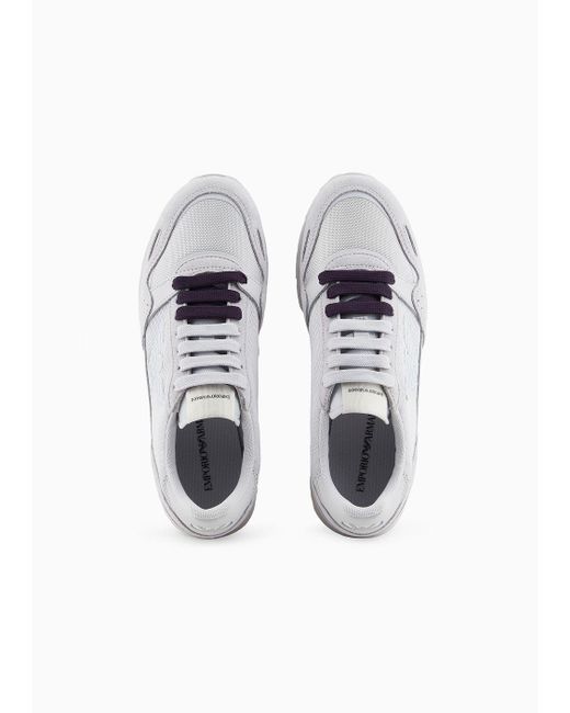 Emporio Armani White Sneaker Aus Mesh Mit Veloursleder-details Und Maxi-adler-patch