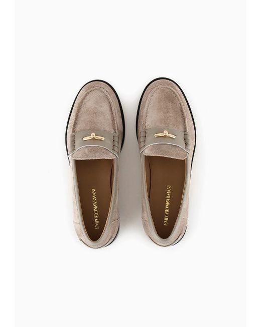 Emporio Armani White Suede Icon Loafers With Leather Details