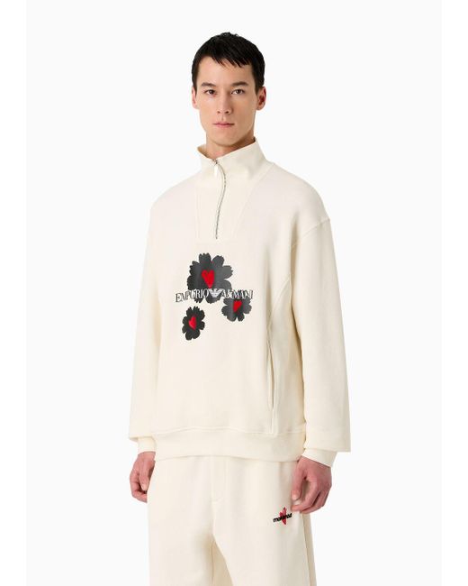 Emporio Armani White Half-zip Mock-neck Sweatshirt With Mon Amour Print for men