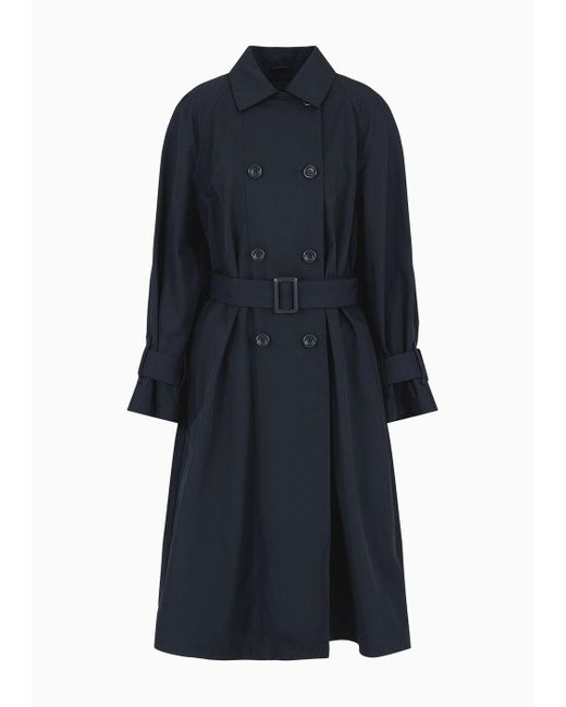 Emporio Armani Blue Double-breasted Trench Coat With Belt In Water-repellent Technical Cotton