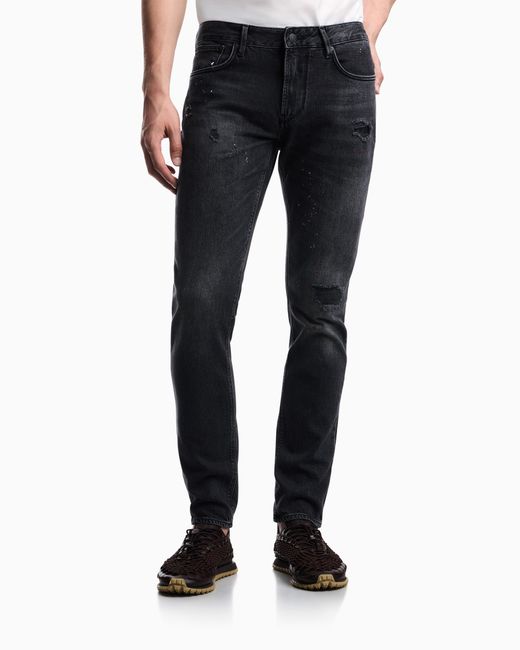 Emporio Armani Blue Five-Pocket Jeans Slim Fit Distressed With Paint Splatters for men