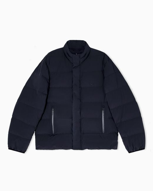 Emporio Armani Blue Water-Repellent Quilted Nylon Spandex Down Jacket for men
