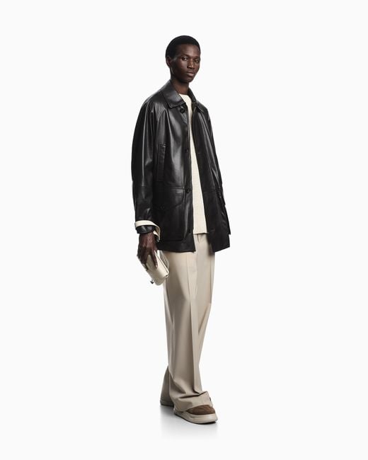 Emporio Armani Black Ultra-Light Lambskin Nappa Leather Pea Coat for men