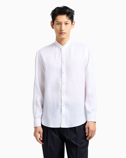Emporio Armani White Linen Chambray Shirt With Guru Collar for men