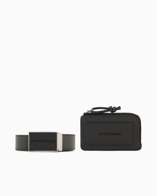 Emporio Armani Geschenkset Aus Gürtel Und Kartenetui Aus Getrommeltem Leder in Black für Herren