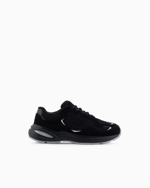 Emporio Armani Black Mesh Sneakers With Suede Details And An Eagle Logo