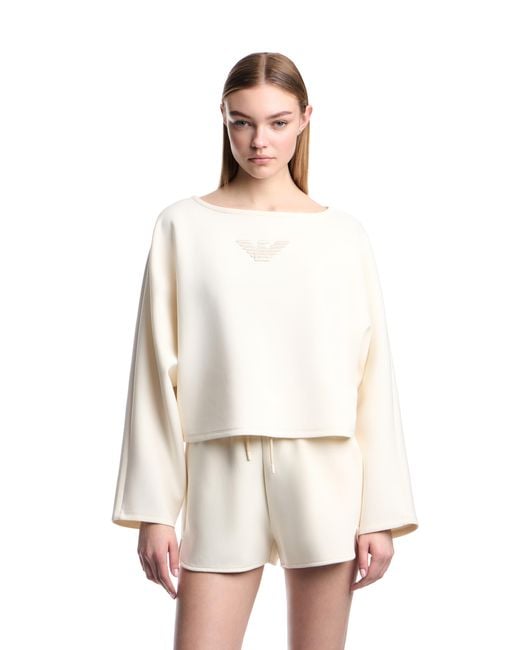 Emporio Armani White Double Jersey Cropped Sweatshirt With Eagle Embroidery