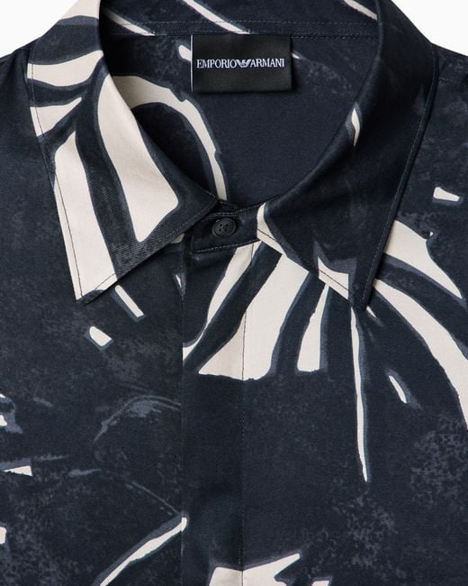 Emporio Armani Blue Comfort-Fit, Fluid Viscose Shirt With An All-Over Print for men