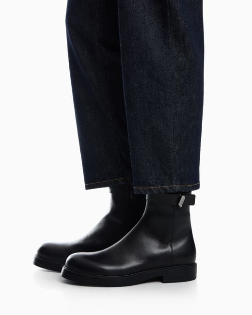 Emporio Armani Black Leather Ankle Boots With Side Zip And Buckled Strap