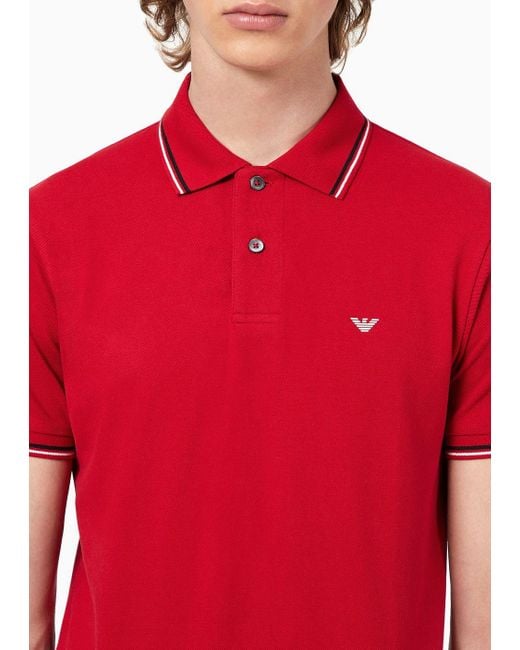 Emporio Armani Red Slim-fit Stretch Piqué Polo Shirt With Micro Eagle for men