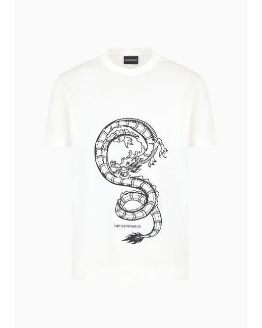 Emporio Armani White Armani Sustainability Values Lyocell-blend Jersey T-shirt With Dragon Embroidery for men