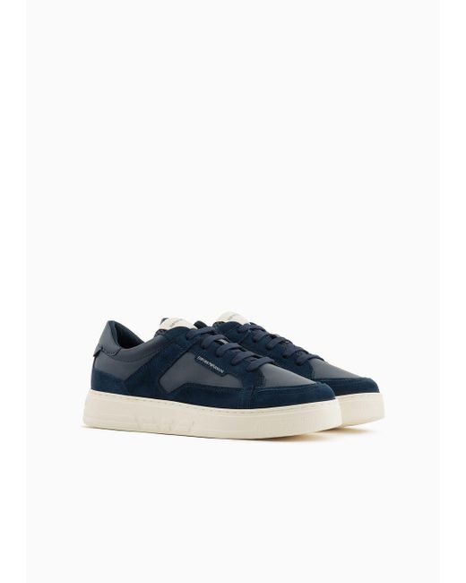 Emporio Armani Blue Leather And Suede Sneakers for men