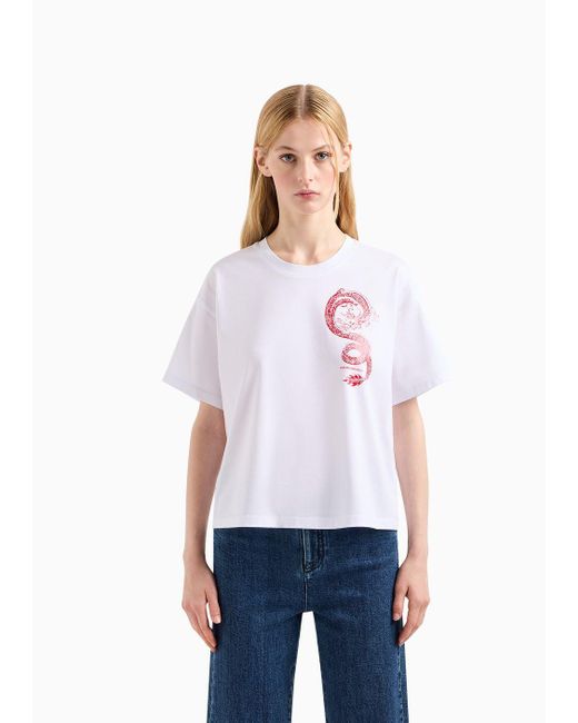Emporio Armani White Mercerised-jersey T-shirt With Dragon Print