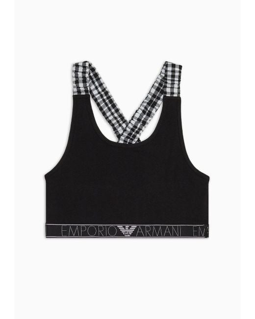 Emporio Armani Black Jersey Loungewear Crop Top With Gingham Details