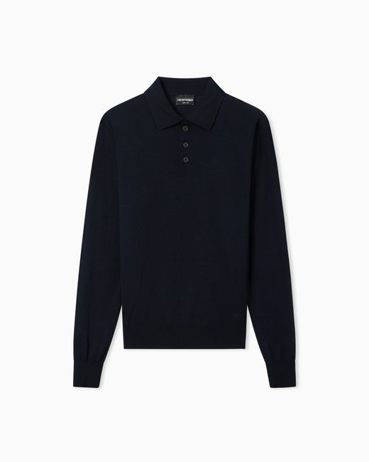 Emporio Armani Blue Pure Virgin-Wool Jumper With Polo-Shirt Collar for men