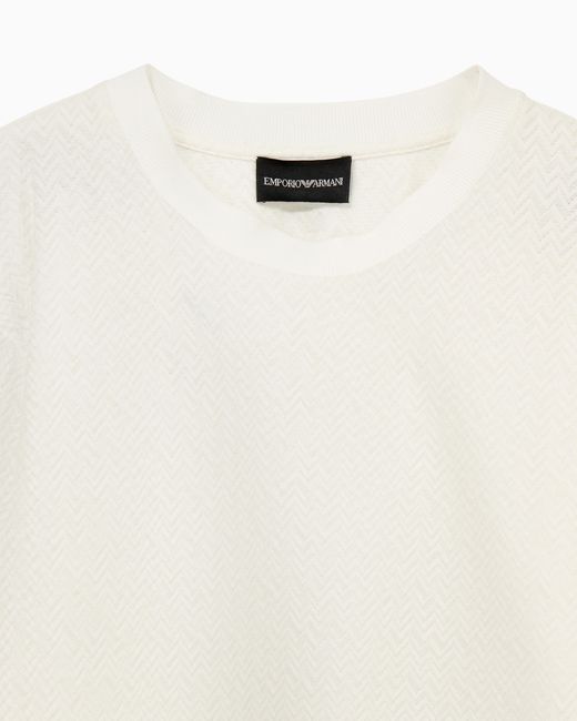 Emporio Armani White Crew Neck Cotton Jacquard Jumper With A Chevron Pattern