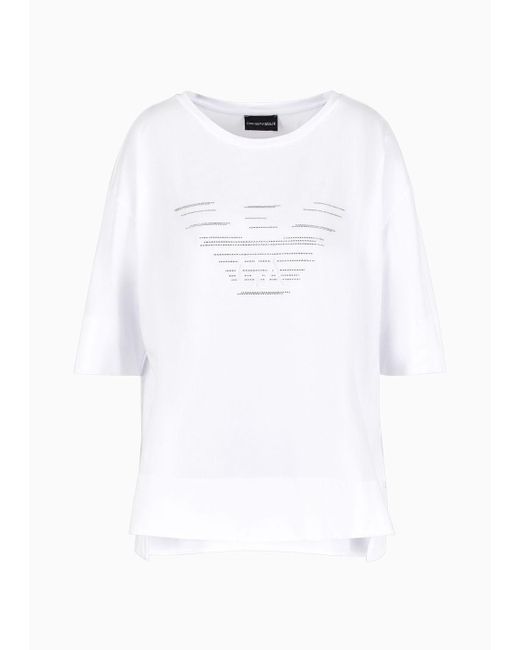 Emporio Armani White Oversized T-shirt With Oversized Rhinestone Eagle Print And Logo Embroidery