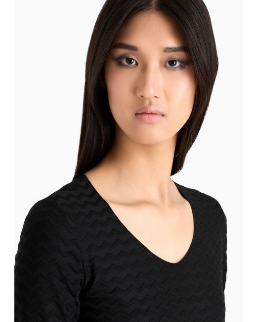 Emporio Armani Black Two-way Stretch Jacquard Jersey V-neck Jumper With Three-quarter Length Sleeves