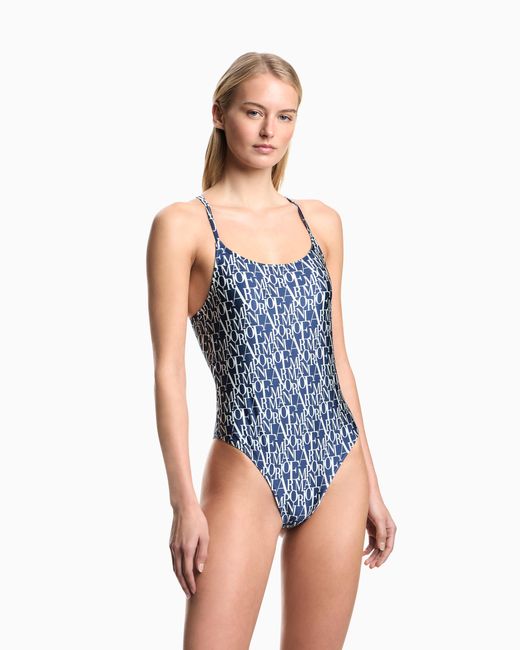 Emporio Armani Blue Padded One-Piece Swimsuit With Logomania Print