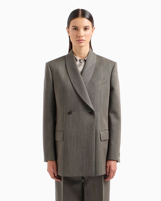 Emporio Armani Gray Mouliné Wool-Blend Chevron Motif Double-Breasted Blazer With Shawl Collar