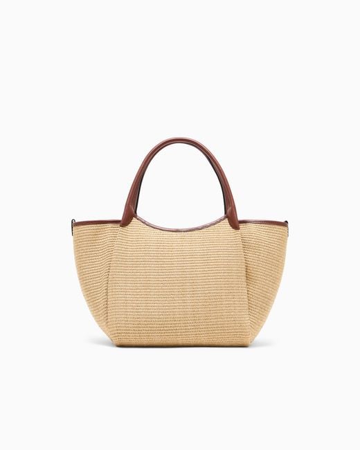 Emporio Armani Natural Woven Straw Medium Shopper Bag With Ea Logo