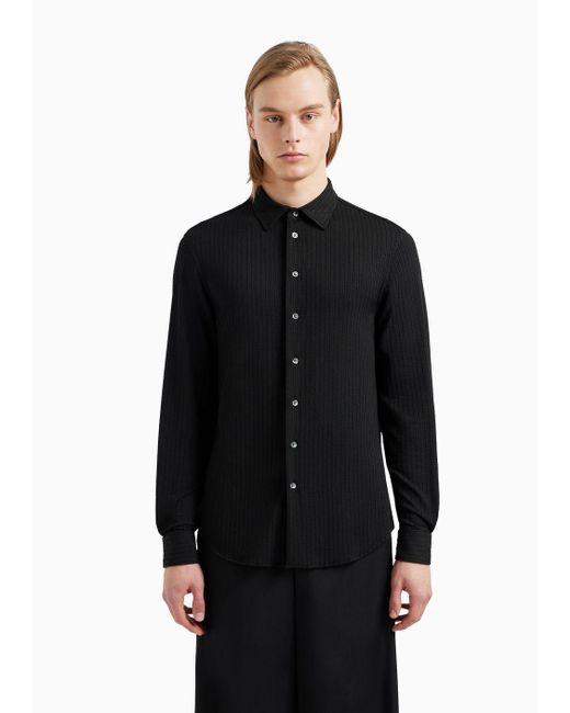 Emporio Armani Black Classic-collar Shirt In Stretch Fabric With An Embossed Motif for men