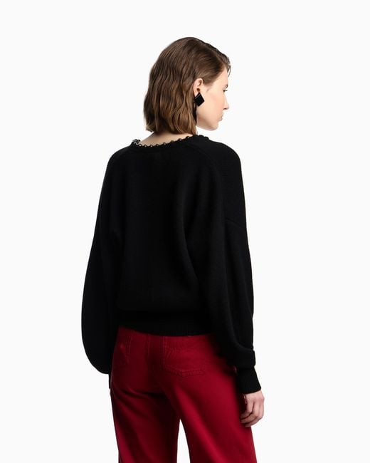 Emporio Armani Black Virgin Wool And Cashmere Cardigan With Oversized Metal Spheres