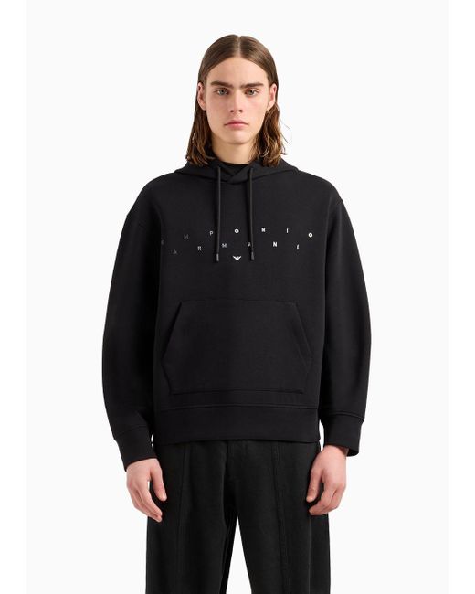 Emporio Armani Black Double-jersey Hooded Sweatshirt With Logo Embroidery for men