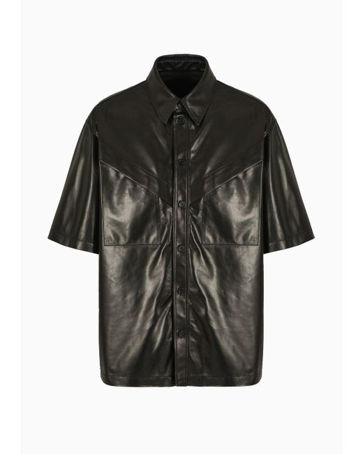 Emporio Armani Black Short-sleeved Shirt In Partially Vegetable-tanned Plonge Lamb Nappa Leather for men