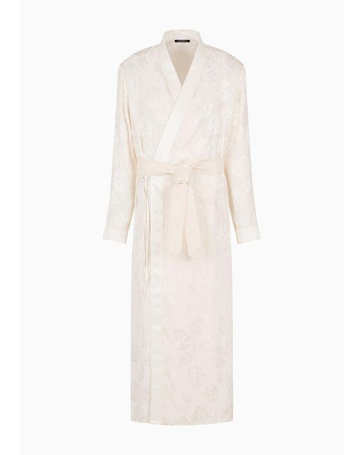 Emporio Armani White Silk-blend Satin Overcoat With Robe Fastening And All-over Ramage Embroidery for men