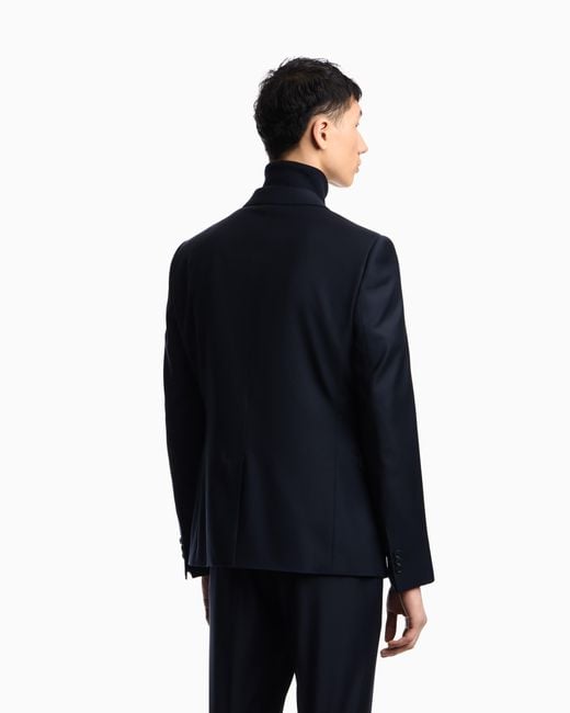 Emporio Armani Blue Plain Worsted Wool Single-Breasted Jacket for men
