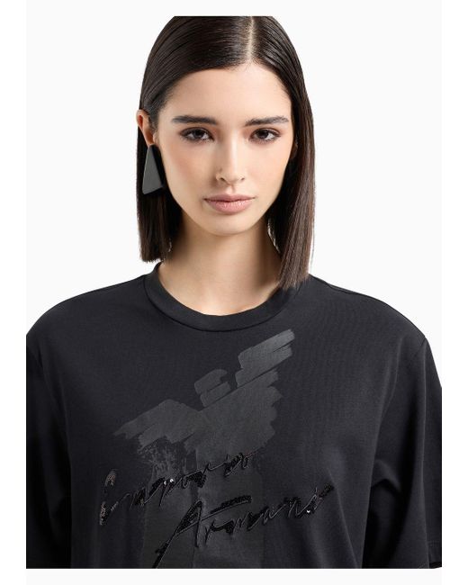 Emporio Armani Black Asv Organic Heavyweight Jersey T-shirt With Sequin Logo Print And Embroidery