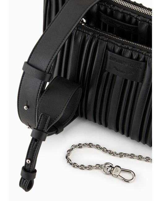 Emporio Armani Black Asv Double Mini Shoulder Bag In Pleated, Recycled Faux Nappa Leather