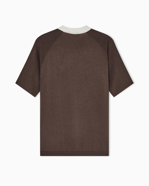 Emporio Armani Brown Plain-Knit Lyocell-Blend Jumper With Polo Shirt Collar for men