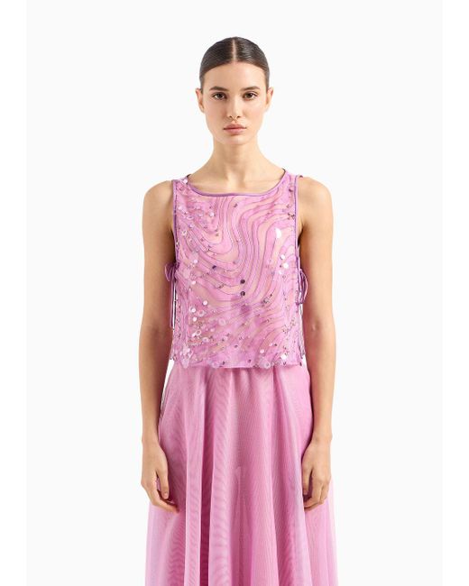 Emporio Armani Pink Silk Organza Top With Embroidery And Sequins In A Sand Dune Motif