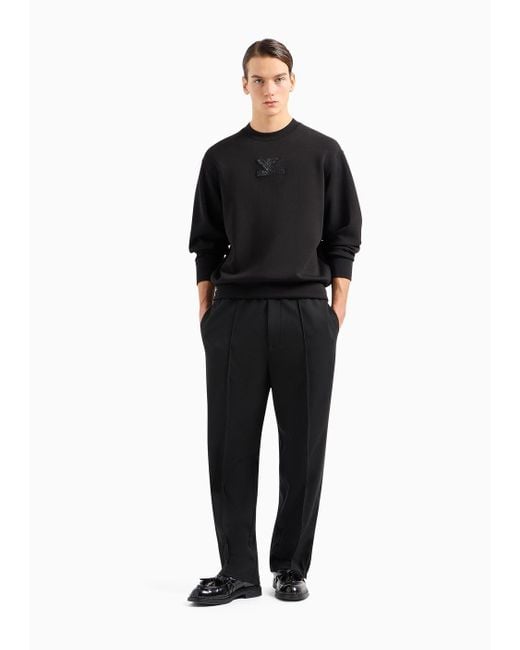 Emporio Armani Black Clubwear Double-jersey Sweatshirt With Patch And Rhinestone Embroidery for men