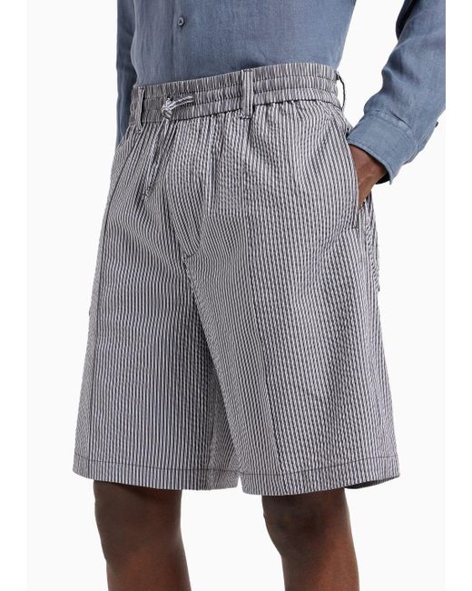 Emporio Armani Gray Drawstring Bermuda Shorts In Striped Seersucker Fabric for men