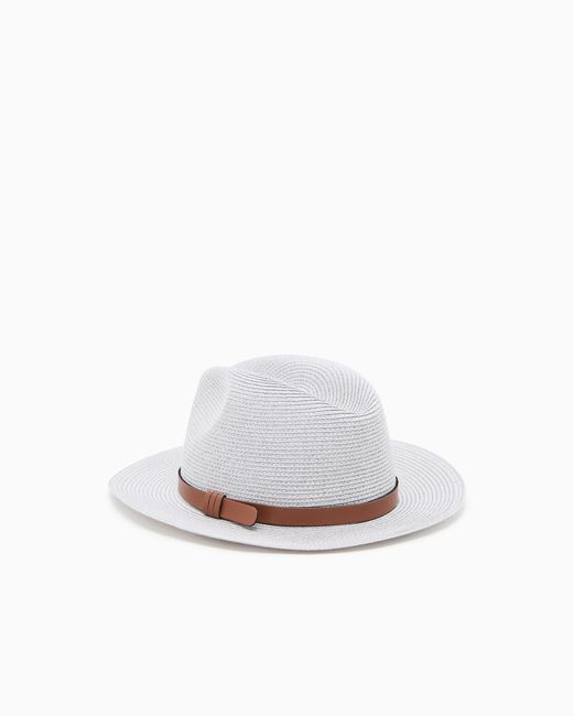 Emporio Armani White Woven Raffia Fedora Hat