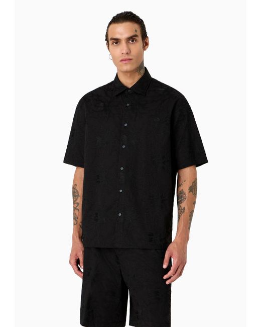 Emporio Armani Black Oversized, Short-sleeved Poplin Shirt With All-over Ramage Embroidery for men