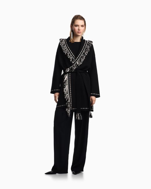 Emporio Armani Black Oversized Cardigan With Fringed Edges And Jacquard Motif