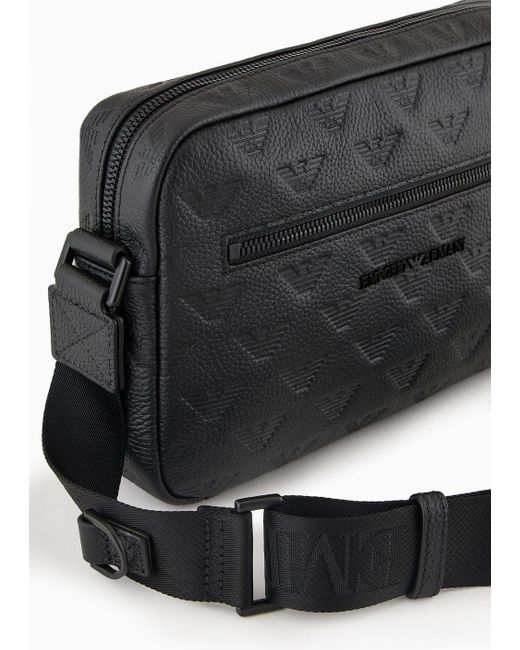 Emporio Armani Black Leather Shoulder Bag With All-over Embossed Eagle for men