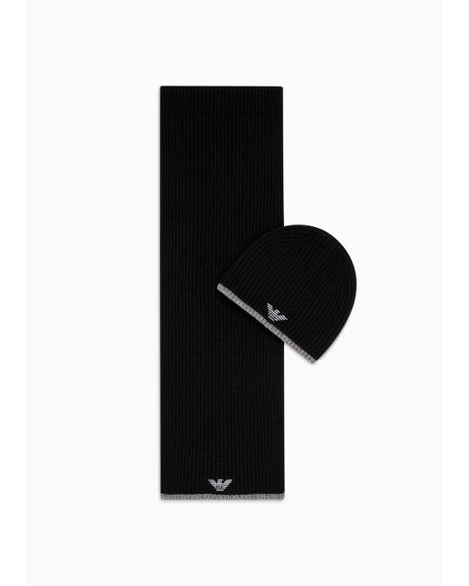 Emporio Armani Black Hat And Scarf Set With Embroidered Eagle for men