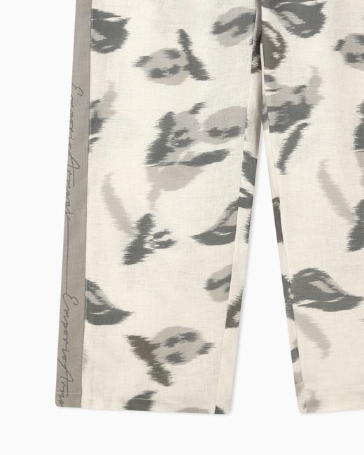 Emporio Armani White Regular Fit Linen Trousers With Chiné Flower Print