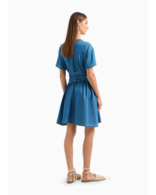 Emporio Armani Blue Light Denim Dress With Sash And Lurex Embroidery Logo