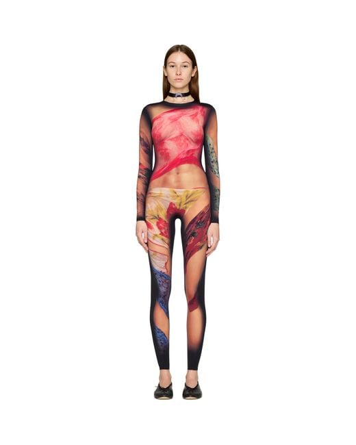 MARINE SERRE Red Recycled Draped Statue Jersey Catsuit