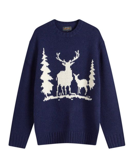 Beams Plus Blue Intarsia Stag Jumper for men