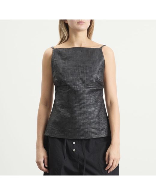 St. Agni Black Woven Leather Square Neck Top