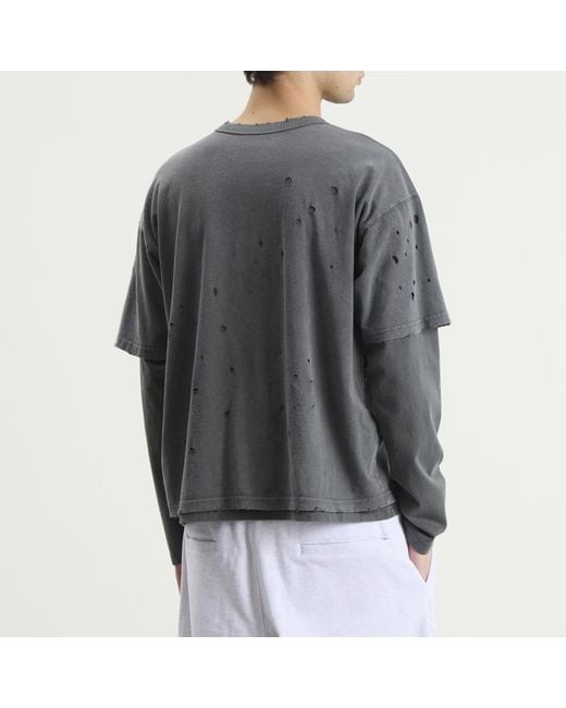 Beams Plus Gray Layered Damage Long Sleeve T-Shirt for men