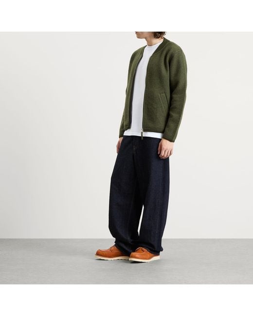 Universal Works Green Wool Fleece Zip Bomber Jacket for men