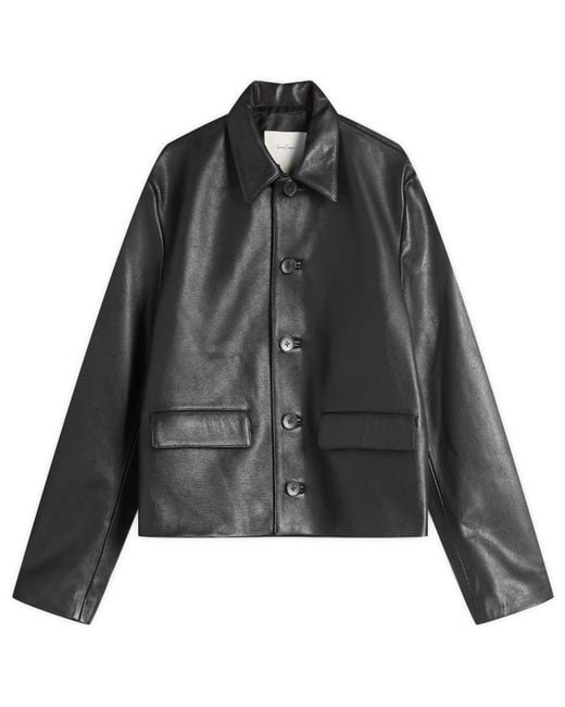 Second/Layer Black Button Through Leather Jacket for men